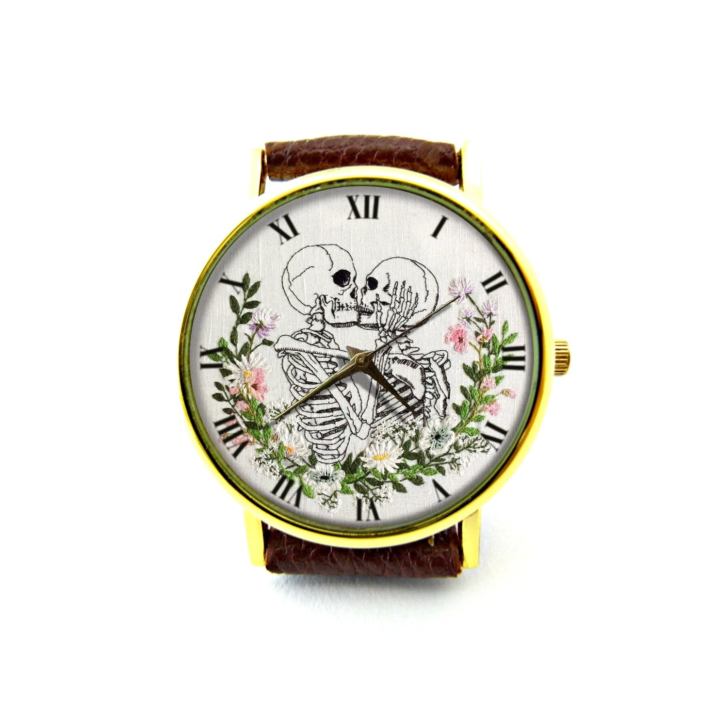 Embroidery Effect Print Skull Lover Kiss Leather Watch, Skull Lover Unisex Watch, Not Real Embroidery, It's Flat Printing