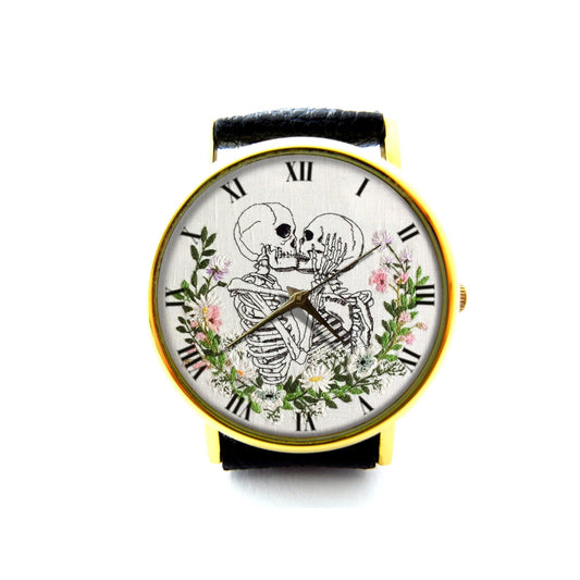 Embroidery Effect Print Skull Lover Kiss Leather Watch, Skull Lover Unisex Watch, Not Real Embroidery, It's Flat Printing