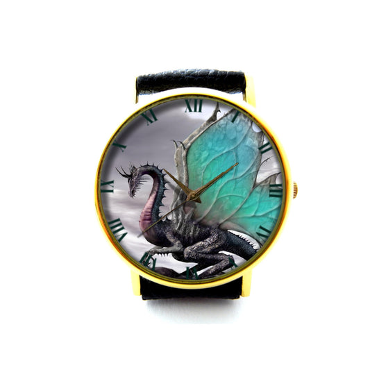 Jade-Winged Dragon Leather Watch, Jade Dragon Leather Watch, Dragon Watch, Unisex Watch, Ladies Watch, Mens Watch, Fantasy Art Jewelry