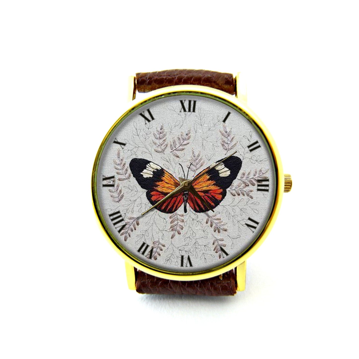 Embroidery Effect Print Butterfly Leather Watch, Butterfly Ladies Watch, Personalized Watch, Not Real Embroidery, It's Flat Printing