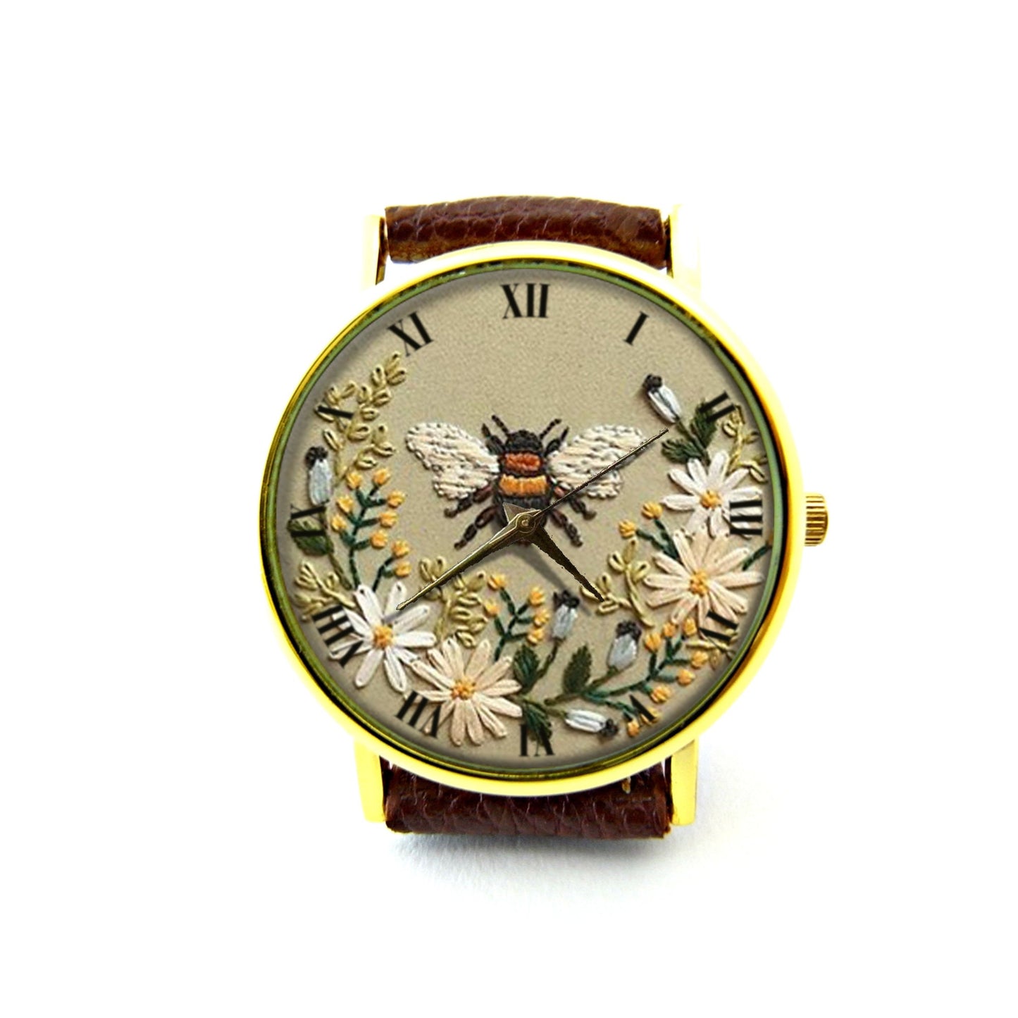 Embroidery Effect Print Honey Bee Leather Watch, Honey Bee Unisex Watch, Personalized Watch, Not Real Embroidery, It's Flat Printing