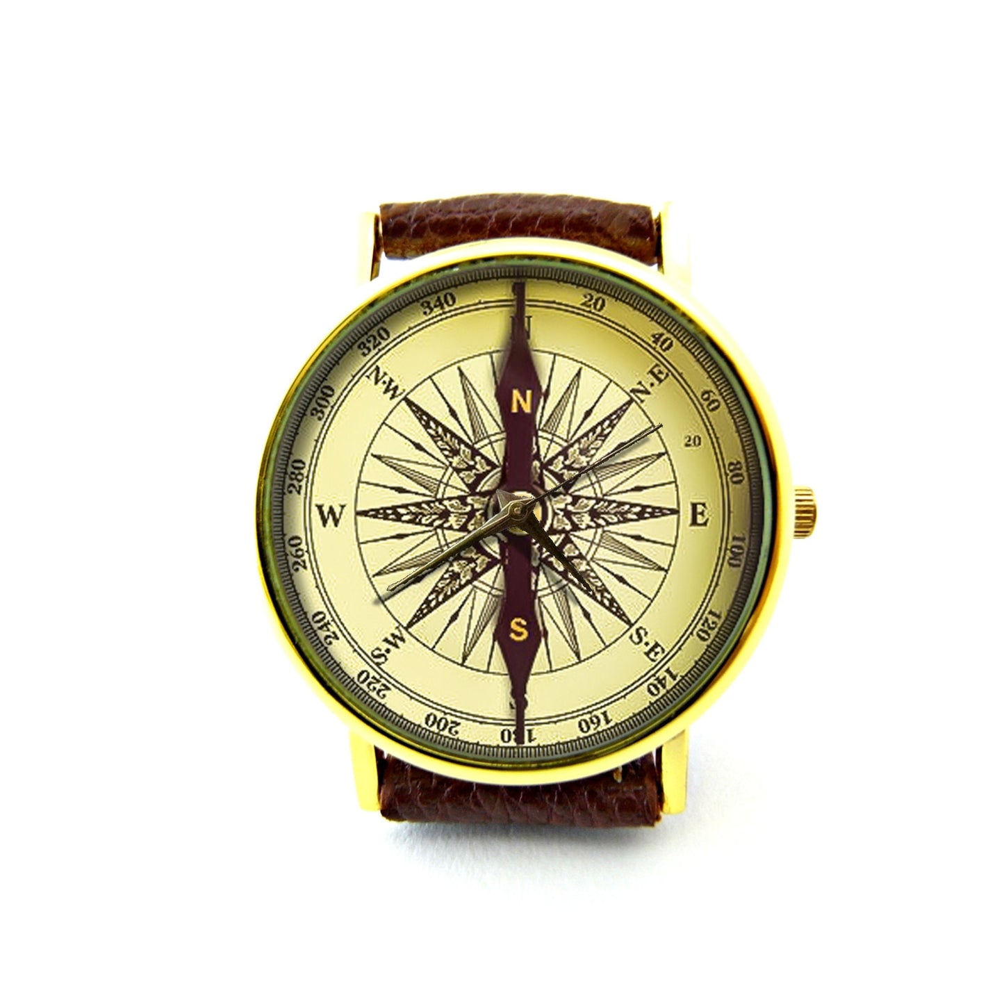 Compass Inspired Leather Watch, Nautical Watch, Antique Compass Watch, Vintage Compass Watch, Not Real Compass, It's Flat Printing