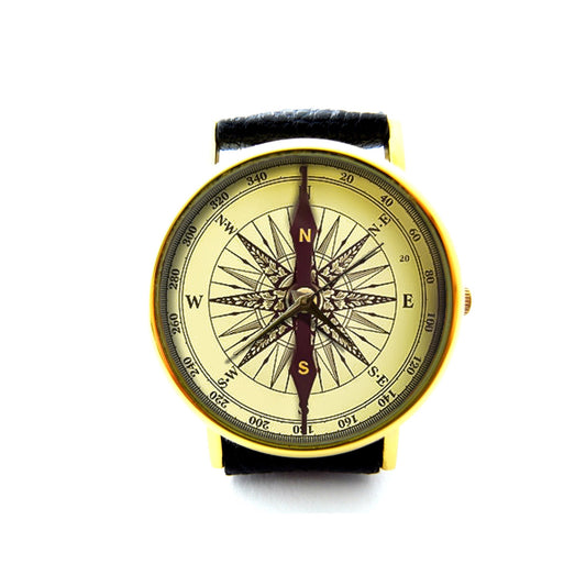 Compass Inspired Leather Watch, Nautical Watch, Antique Compass Watch, Vintage Compass Watch, Not Real Compass, It's Flat Printing