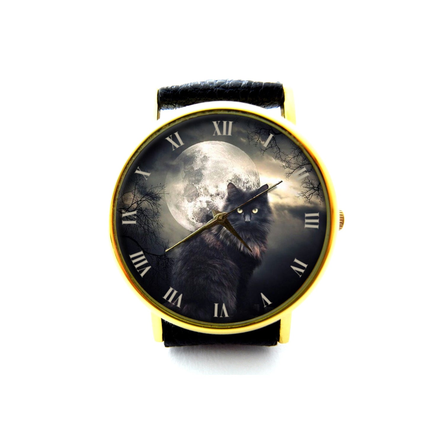 Gothic Black Cat Leather Watch, Full Moon Cat Ladies Watch, Cat Unisex Watch, Halloween Cat Watch, Black Cat Jewelry