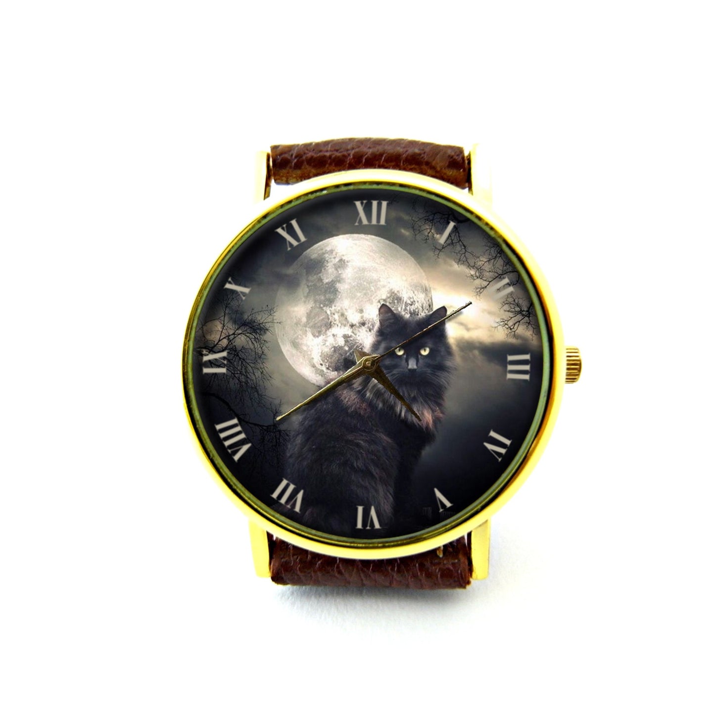 Gothic Black Cat Leather Watch, Full Moon Cat Ladies Watch, Cat Unisex Watch, Halloween Cat Watch, Black Cat Jewelry