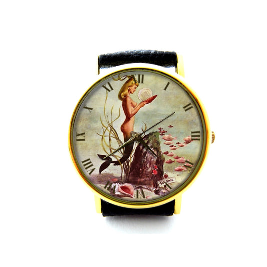 Retro Mermaid Leather Watch, Vintage Mermaid Watch, Mermaid Ladies Watch, Unisex Watch, Mermaid Jewelry