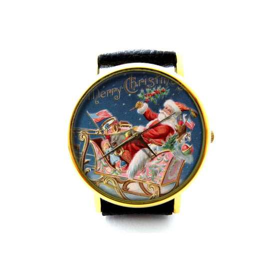 Vintage Christmas Leather Watch, Christmas Watch, Santa Claus Watch, Unisex Watch, Christmas Jewelry, Christmas Gift, Holiday Gift