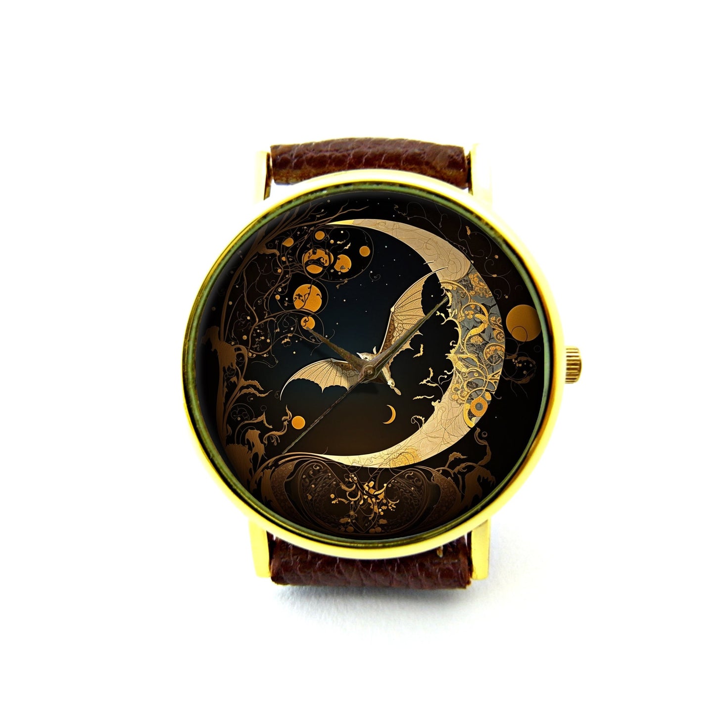 Bat and Moon Leather Watch, Bat Ladies Watch, Unisex Watch, Moon Jewelry Gift