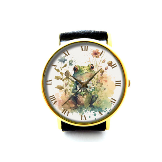 Cute Frog Leather Watch, Frog Flower Watch, Unisex Watch, Funny Frog Jewellery