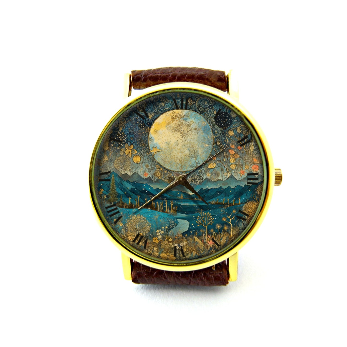 Moon Flower Leather Watch, Full Moon Ladies Watch, Flower Unisex Watch, Vintage Moon Watch, Moon Jewelry