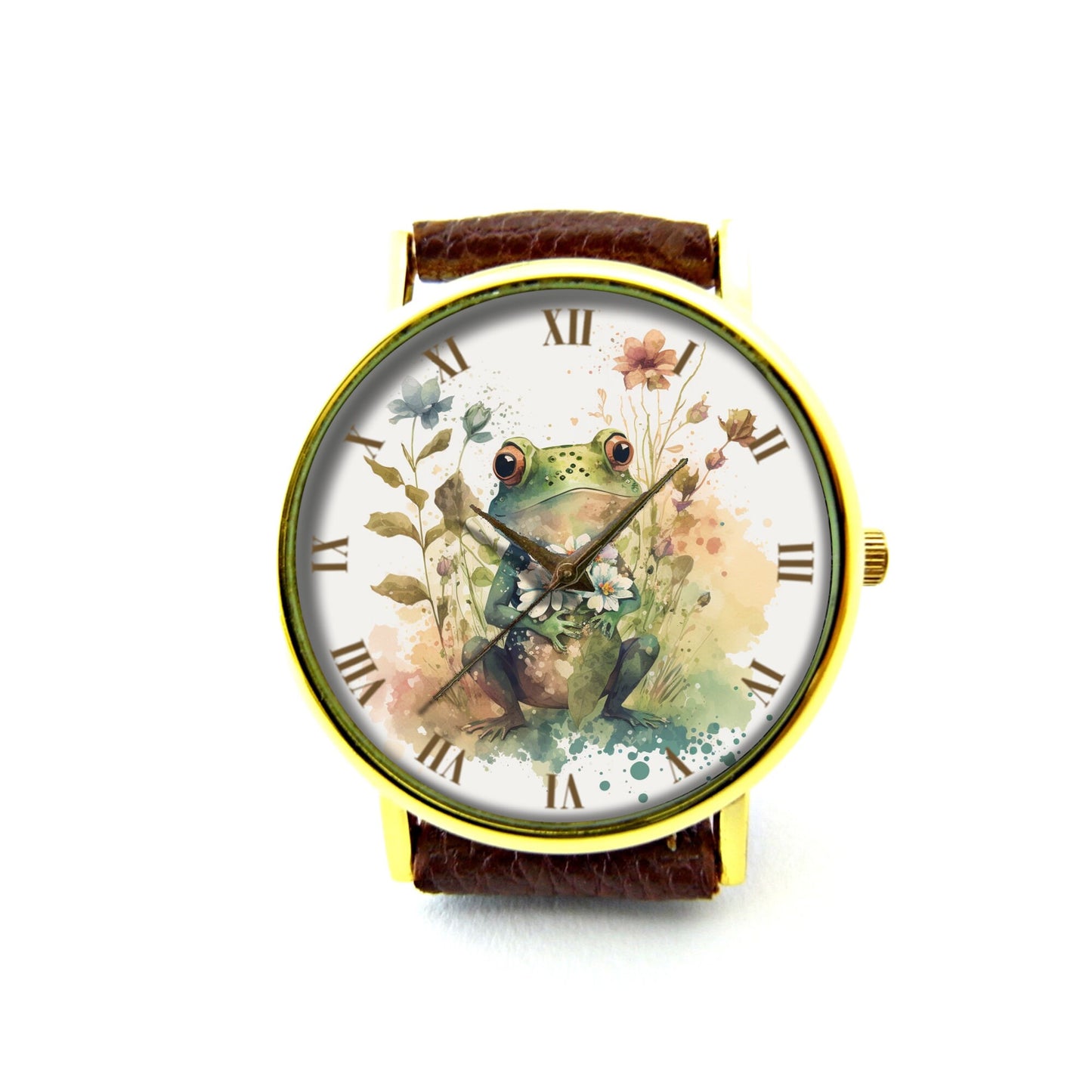 Cute Frog Leather Watch, Frog Flower Watch, Unisex Watch, Funny Frog Jewellery