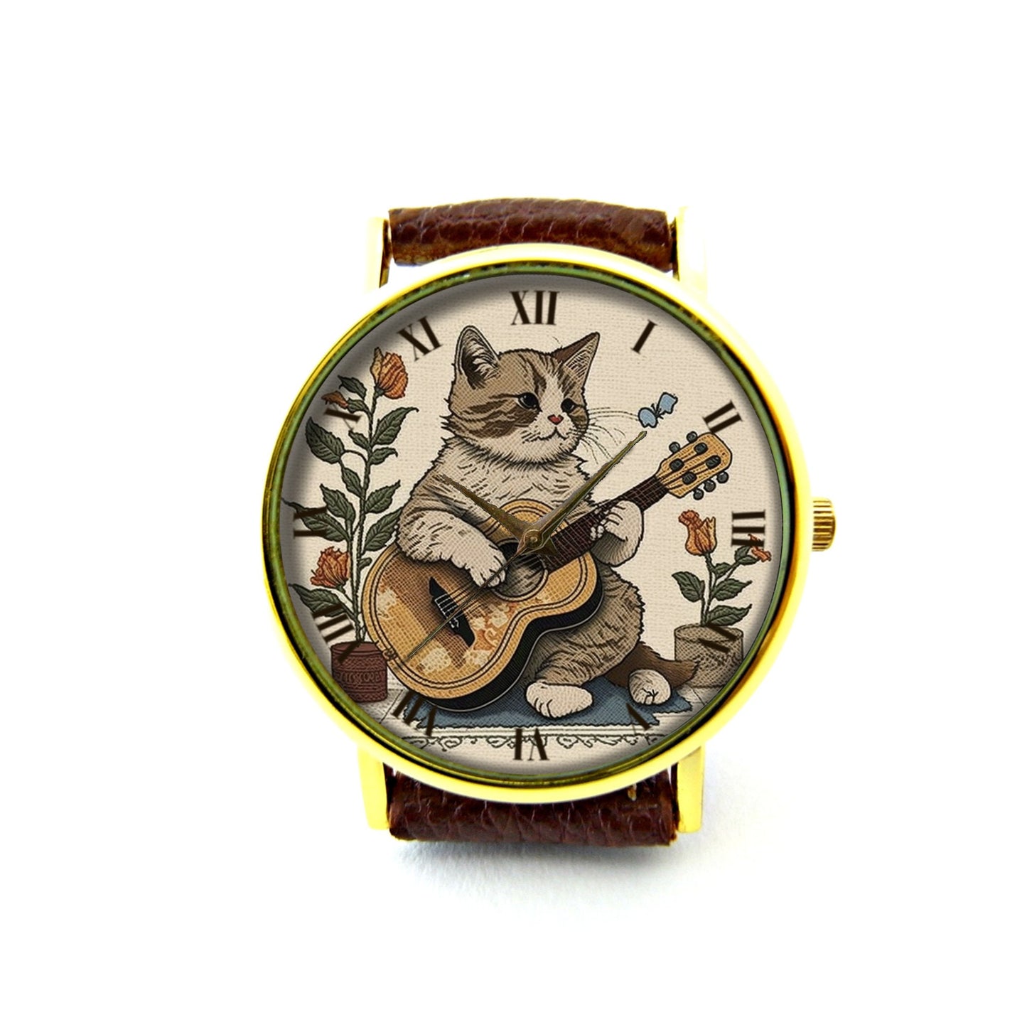 Cute Cat Playing Guitar Leather Watch, Cat Music Ladies Watch, Unisex Watch, Funny Cat Jewellery