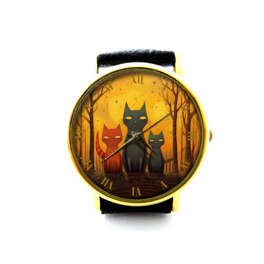 Whimsical Cat Leather Watch, Cute Cat Ladies Watch, Cat Unisex Watch, Cat Jewelry