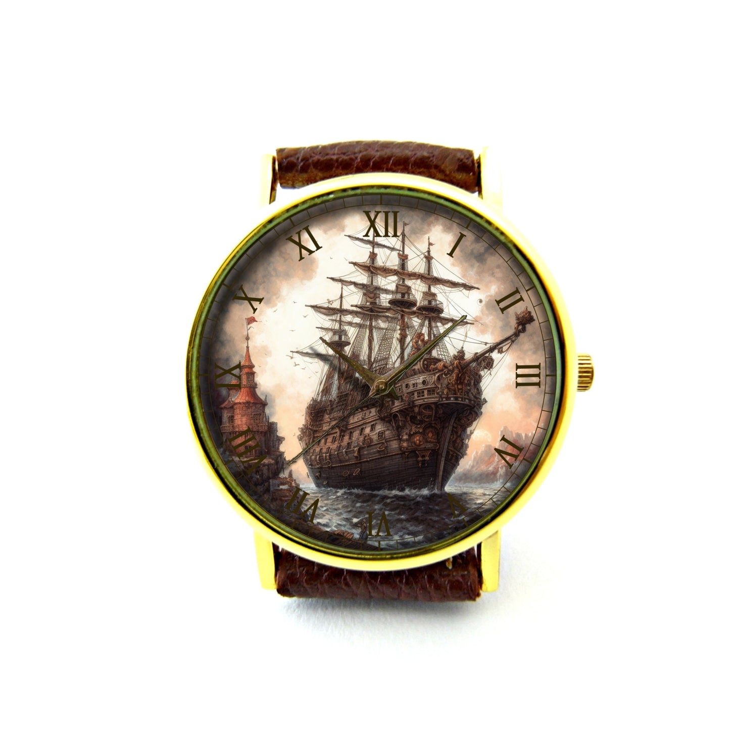 Pirate Ship Leather Watch, Nautical Leather Watch, Ladies Watch, Mens Watch, Pirate Ship Jewelry