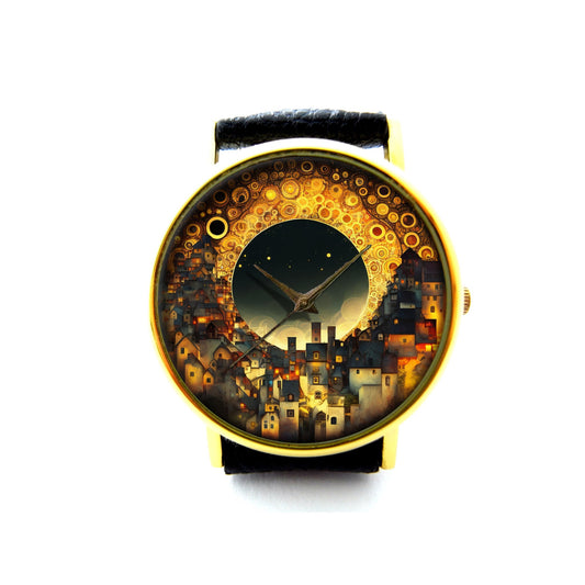 Illusionary City Leather Watch, Gustav Klimt Style Watch, Art Unisex Watch, Gustav Klimt Style Jewelry