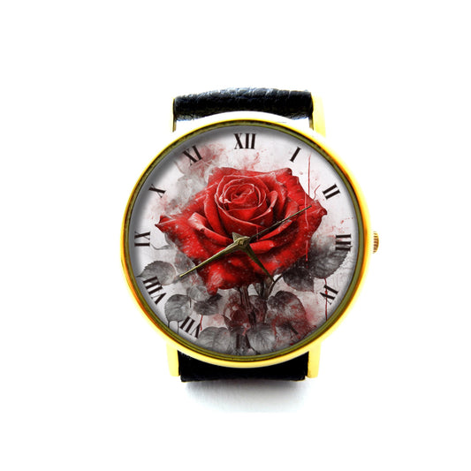 Red Rose Leather Watch, Vintage Flower Leather Watch, Vintage Rose Watch, Floral Watch, Ladies Watch, Mens Watch, Unisex Watch, Rose Jewelry