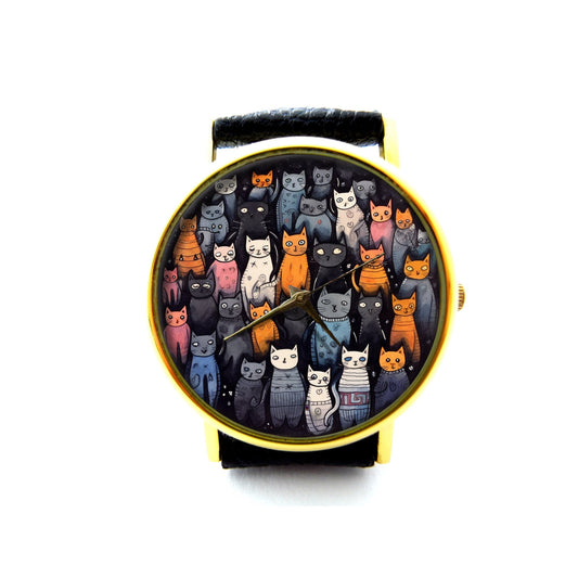 Cats Big Family Leather Watch, Cats Ladies Watch, Cat Unisex Watch, Cat Jewelry