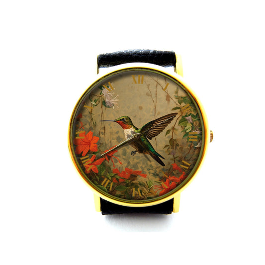 Hummingbird Art Leather Watch, Hummingbird Watch, Unisex Watch, Hummingbird Jewelry Gift